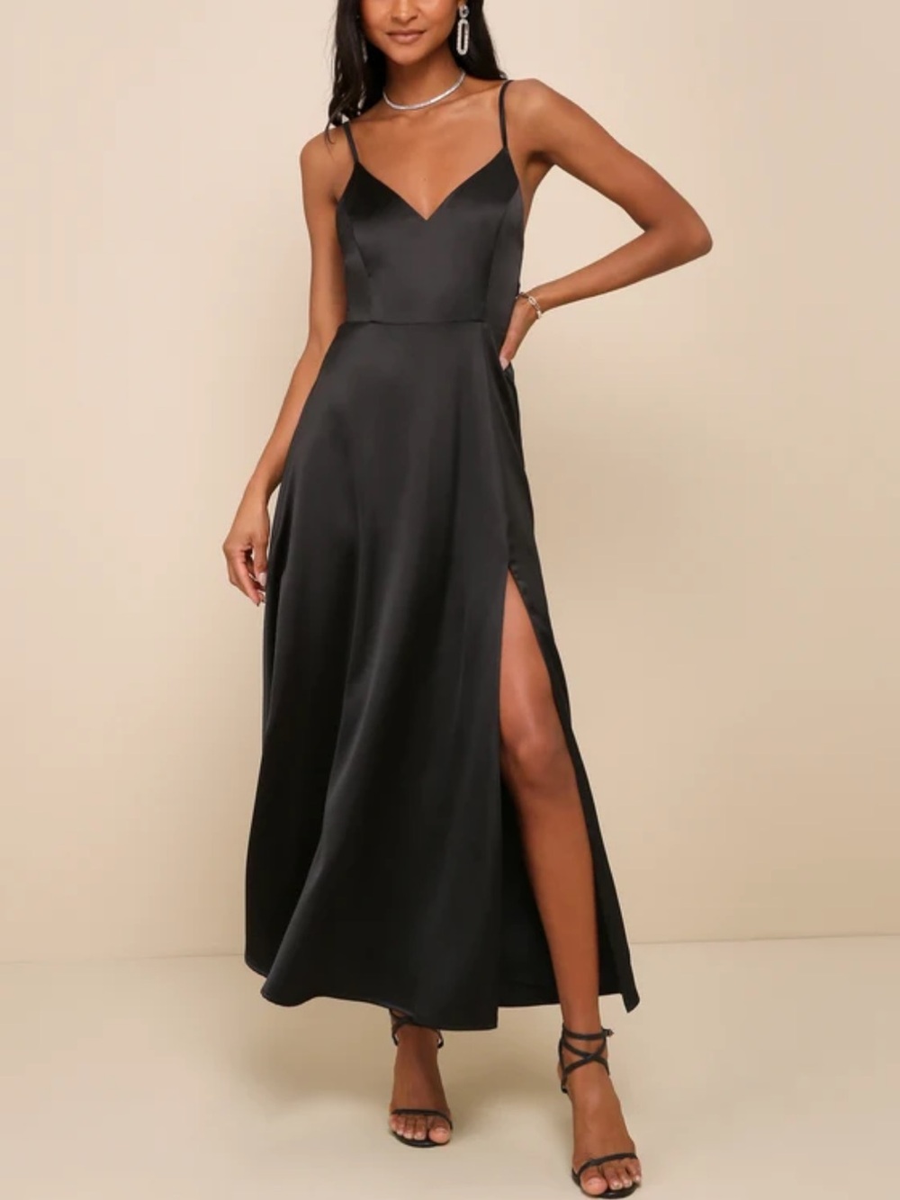 Lulu's Always Audacious Black Satin Tie-Back Midi Dress Medium